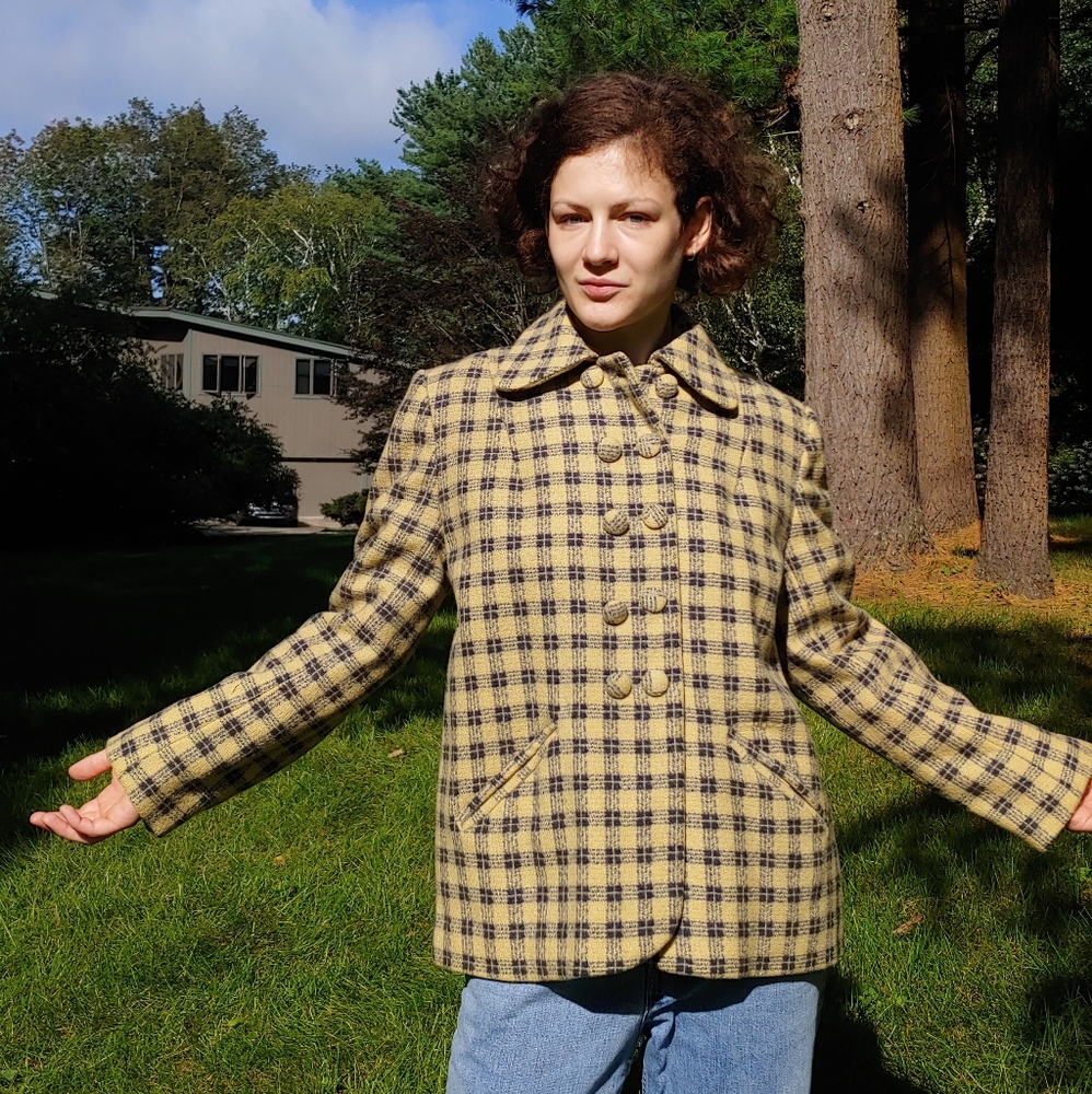 Vintage blue and yellow plaid wool jacket